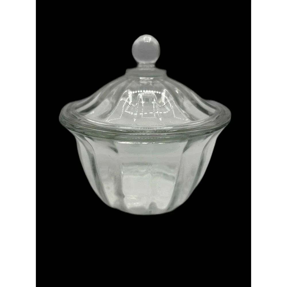 Clear Glass Apothecary Jar Or Candy Dish Ribbed Sides Ball Knob Lid